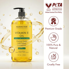 Majestic Pure vitamine E huile, texture douce pour cheveux et peau.