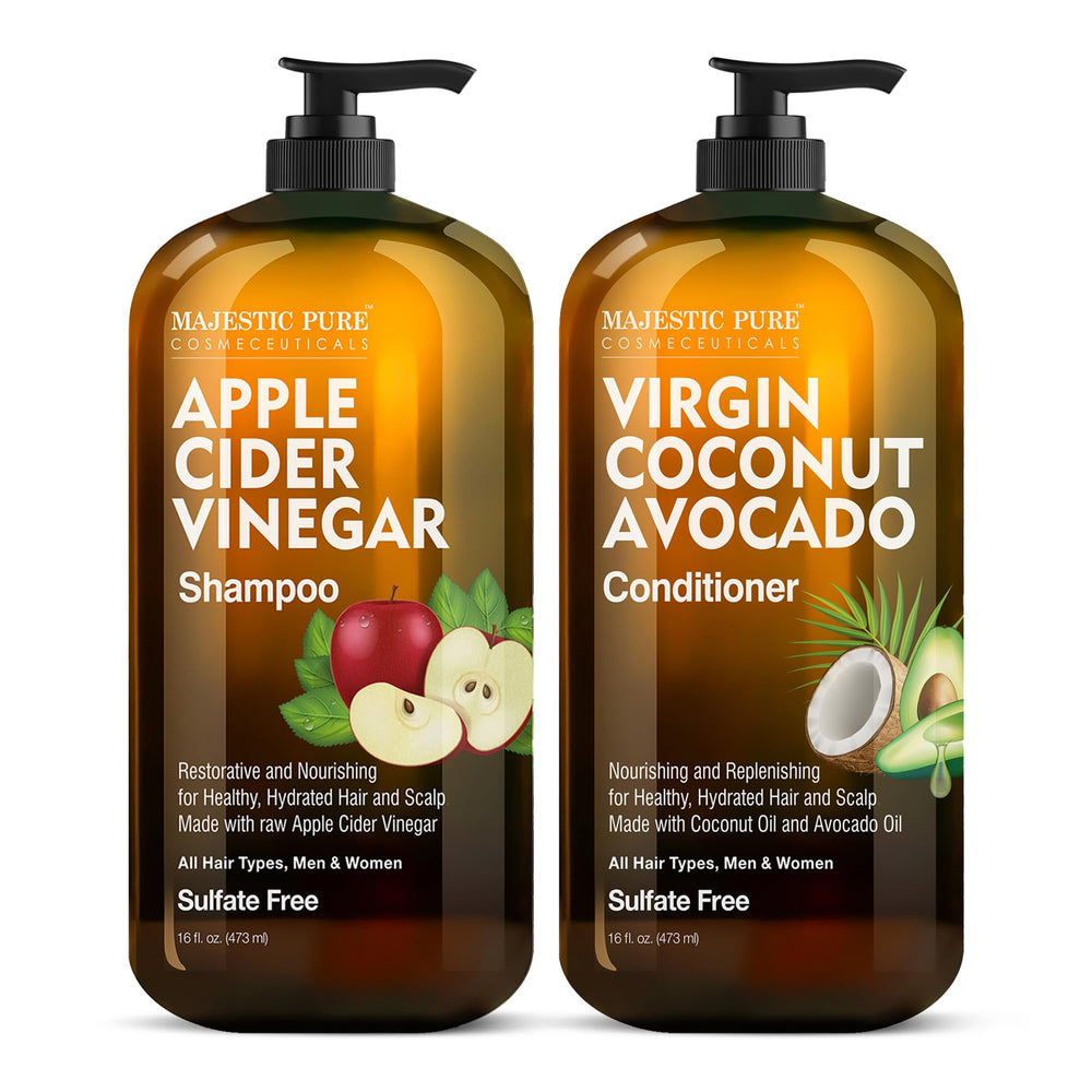 Shampoing Majestic Pure au vinaigre de cidre et bouteille prête à revitaliser les cheveux.