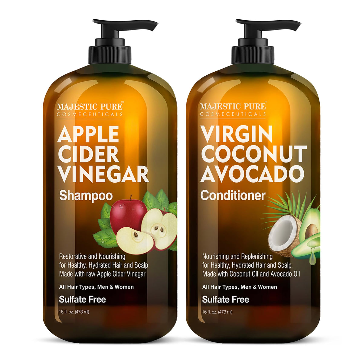 Shampoing Majestic Pure au vinaigre de cidre et bouteille prête à revitaliser les cheveux.