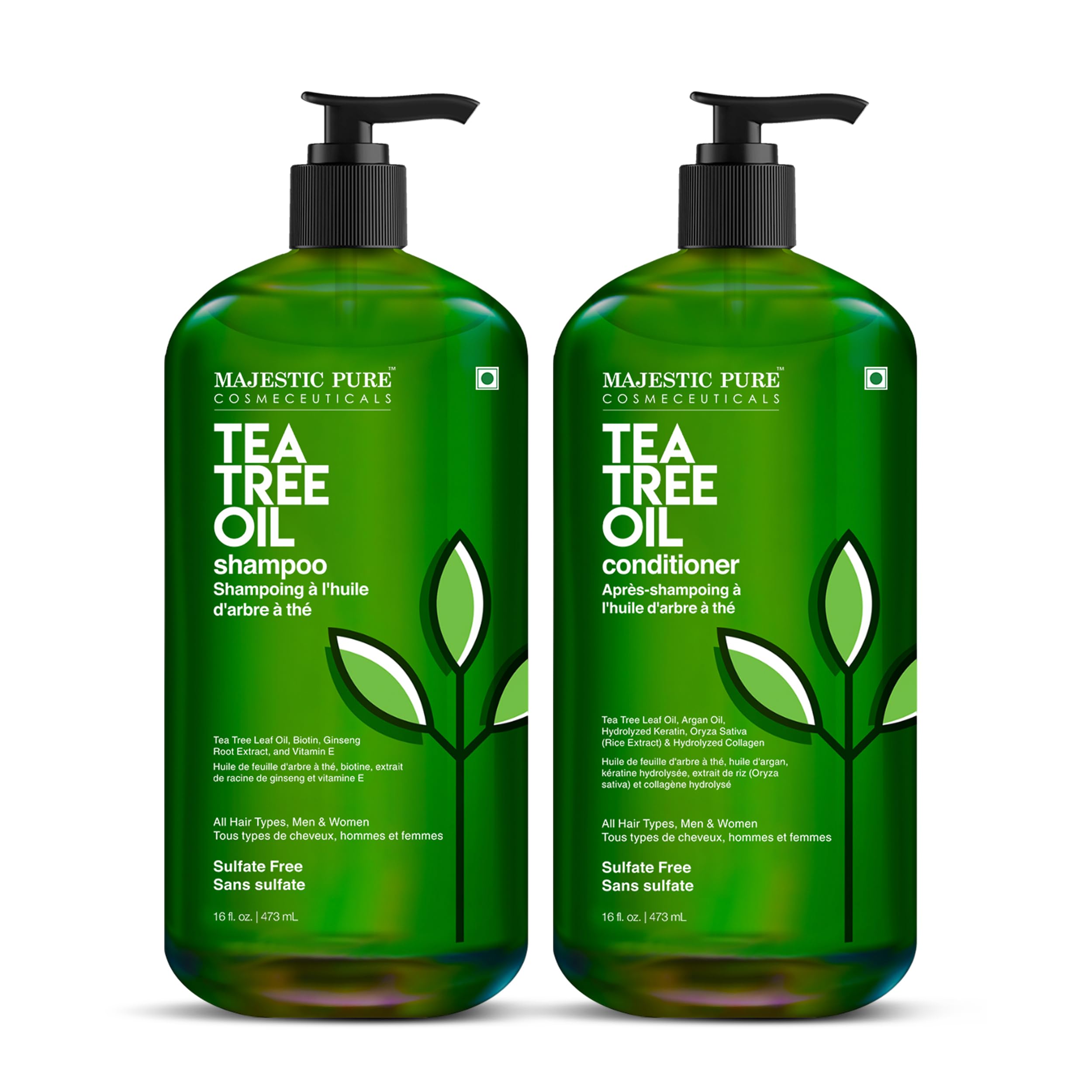 Shampooing Majestic Pure Tea Tree dans sa bouteille, hydratant et sans sulfate.