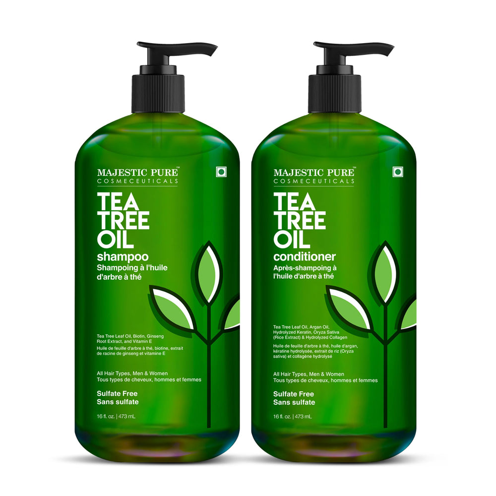 Shampooing Majestic Pure Tea Tree dans sa bouteille, hydratant et sans sulfate.