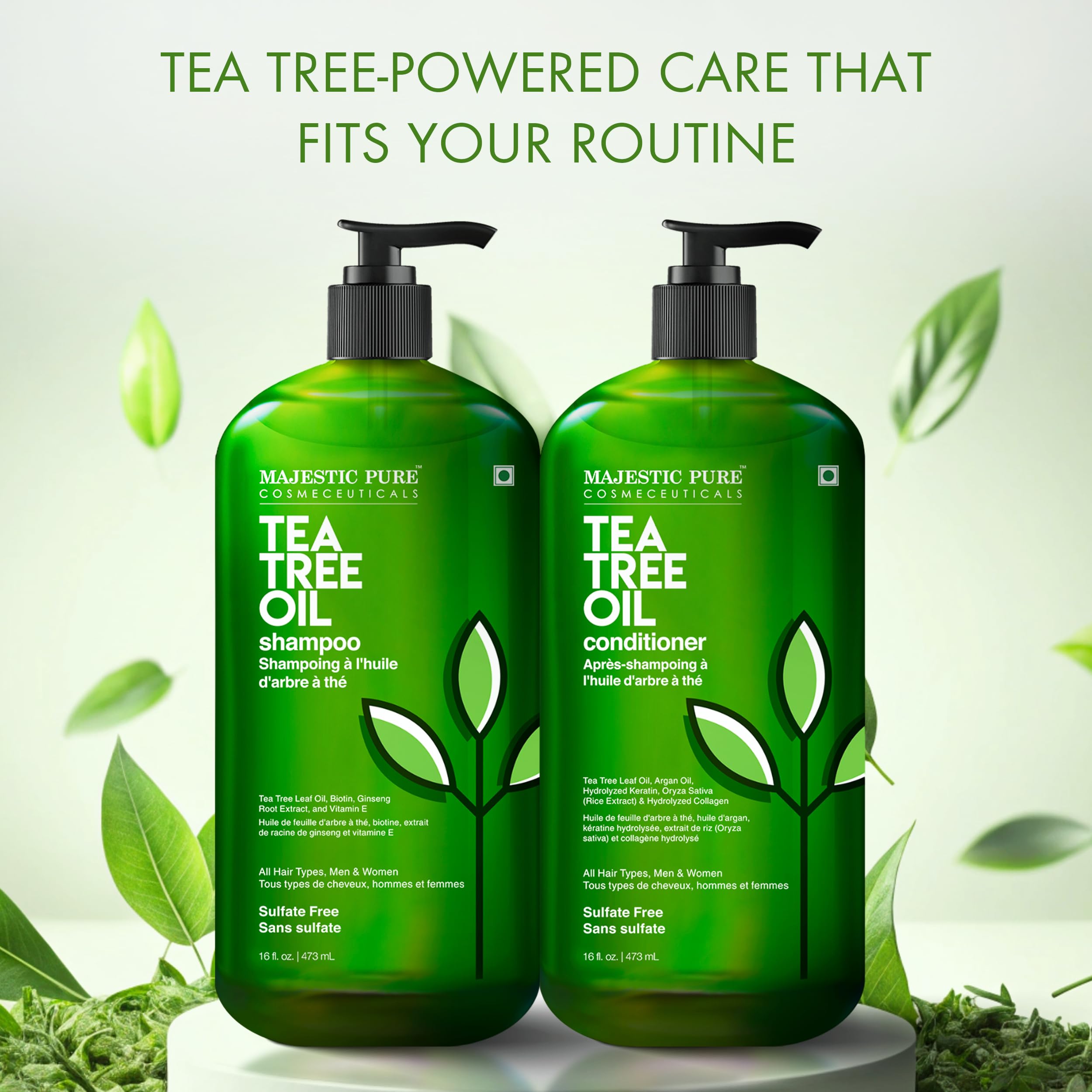 Étiquette Majestic Pure Tea Tree montrant l’absence de sulfates et parabènes.