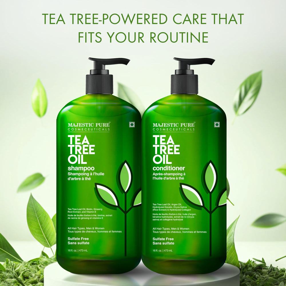 Étiquette Majestic Pure Tea Tree montrant l’absence de sulfates et parabènes.