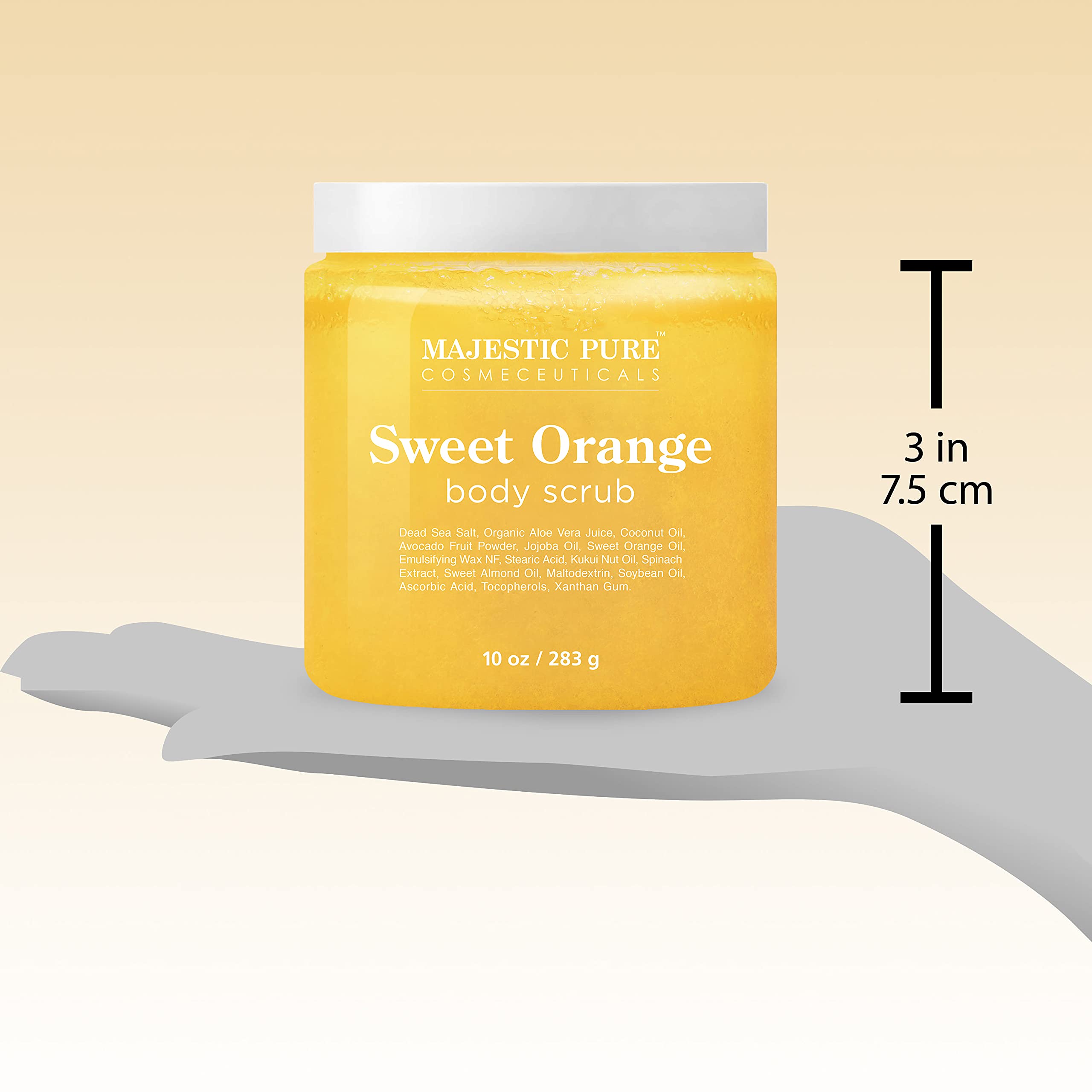 Coconut oil presence in Majestic Pure Sweet Orange Body Scrub for soft skin.