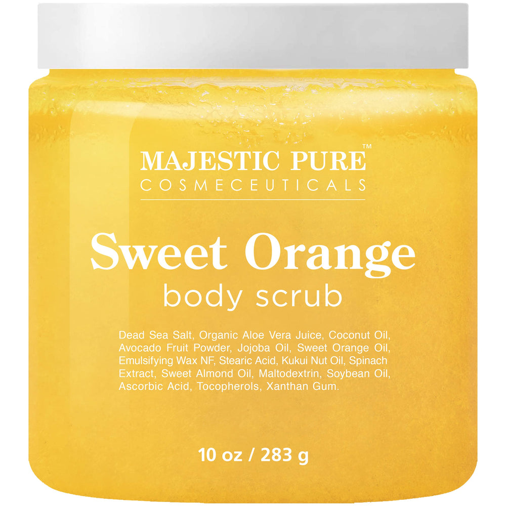 Cruelty-free badge and packaging of Majestic Pure Sweet Orange Body Scrub.