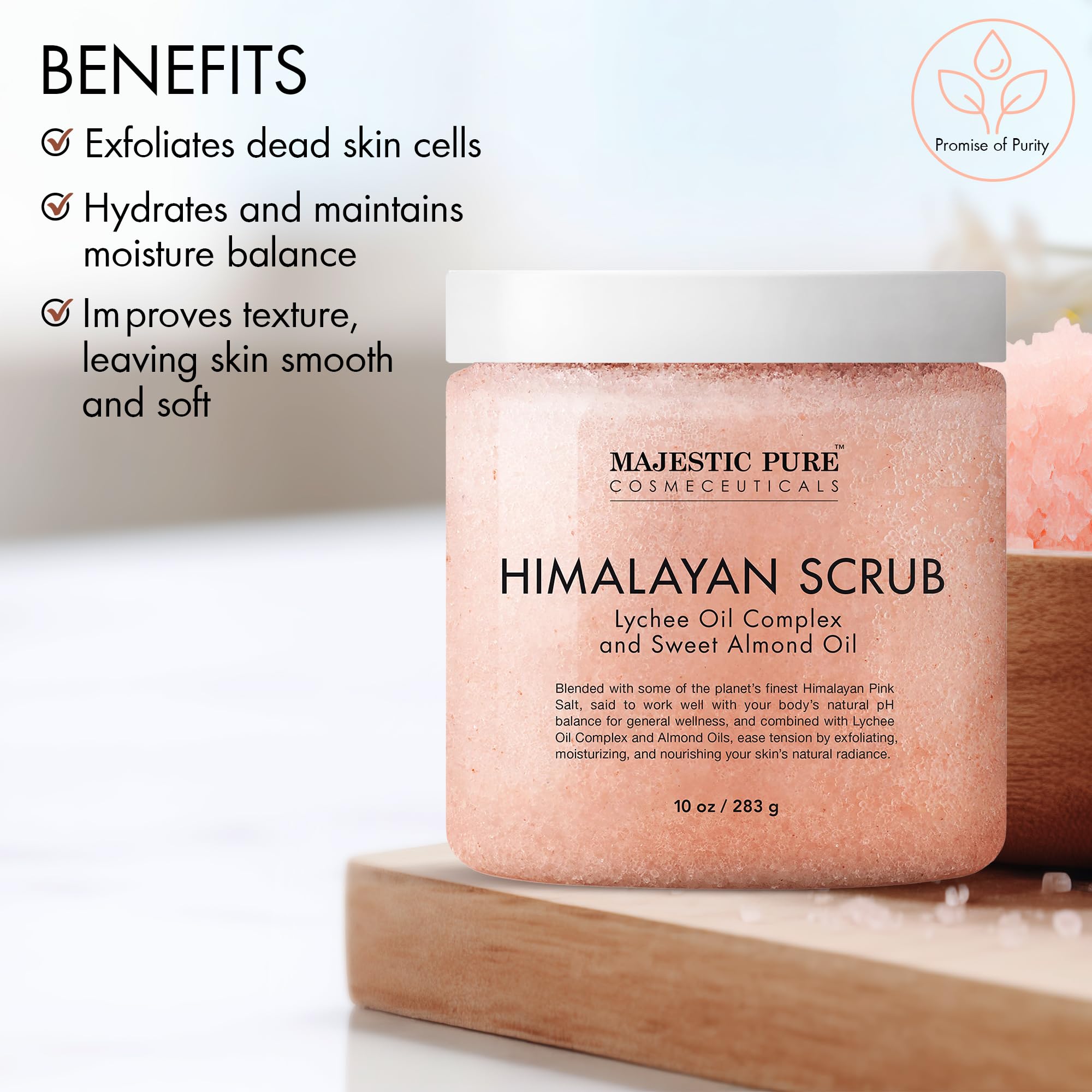 Texture granuleuse Majestic Pure sel Himalayen prête à exfolier en douceur.