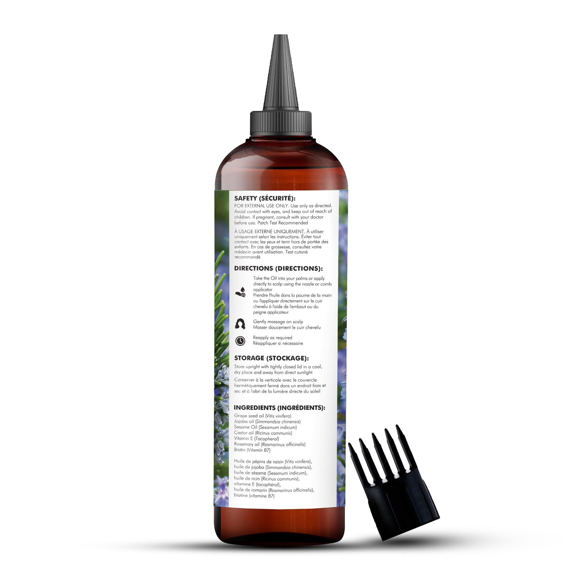 Huile Majestic Pure au romarin, enrichie en biotine pour cheveux resplendissants.
