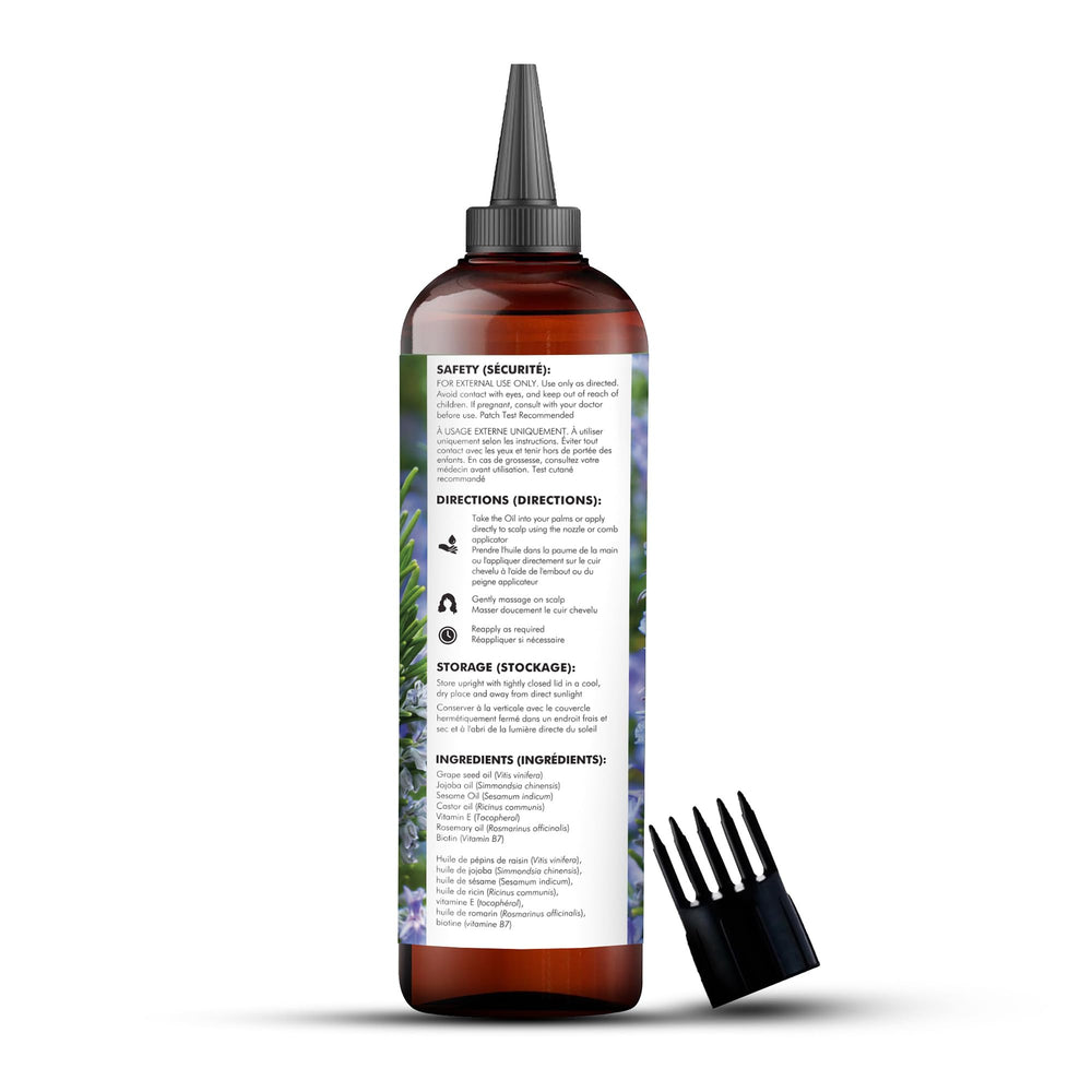 Huile Majestic Pure au romarin, enrichie en biotine pour cheveux resplendissants.