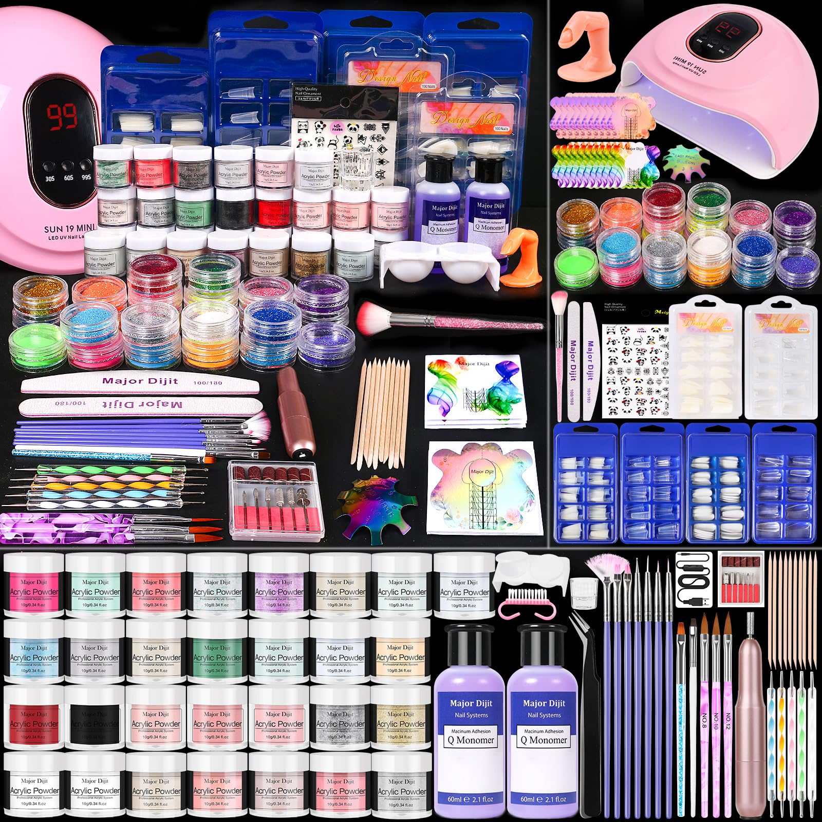 Major Dijit kit ongles acryliques 29 couleurs avec lampe UV parfait pour débutants