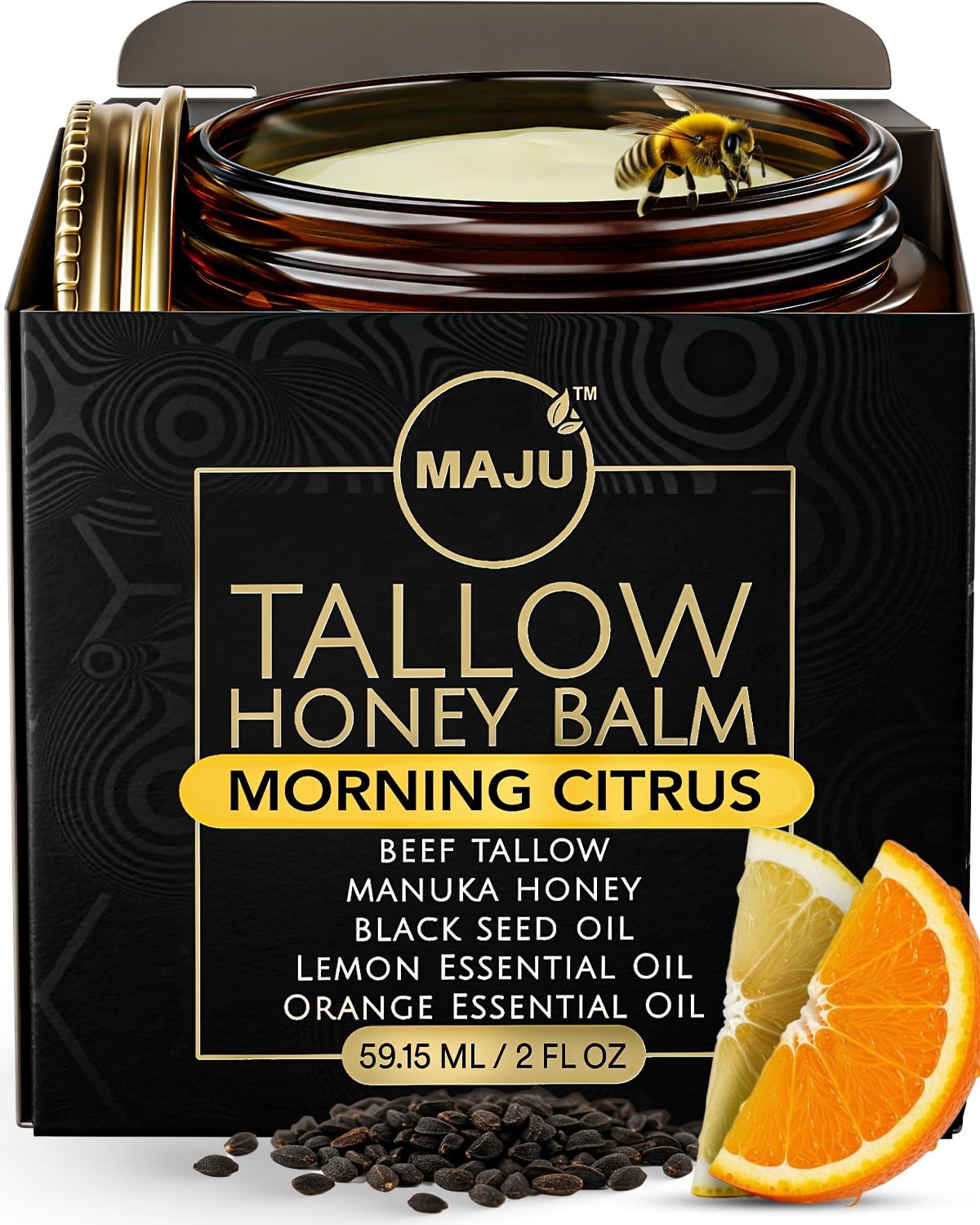 MaJu Tallow Honey Balm dans sa bouteille en verre ambré pour une conservation optimale.