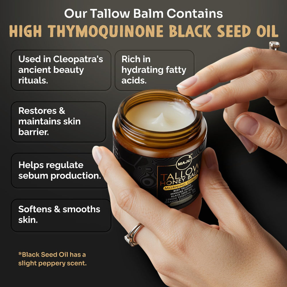 Huile de nigelle dans MAJU Tallow Honey Balm pour hydrater et apaiser.