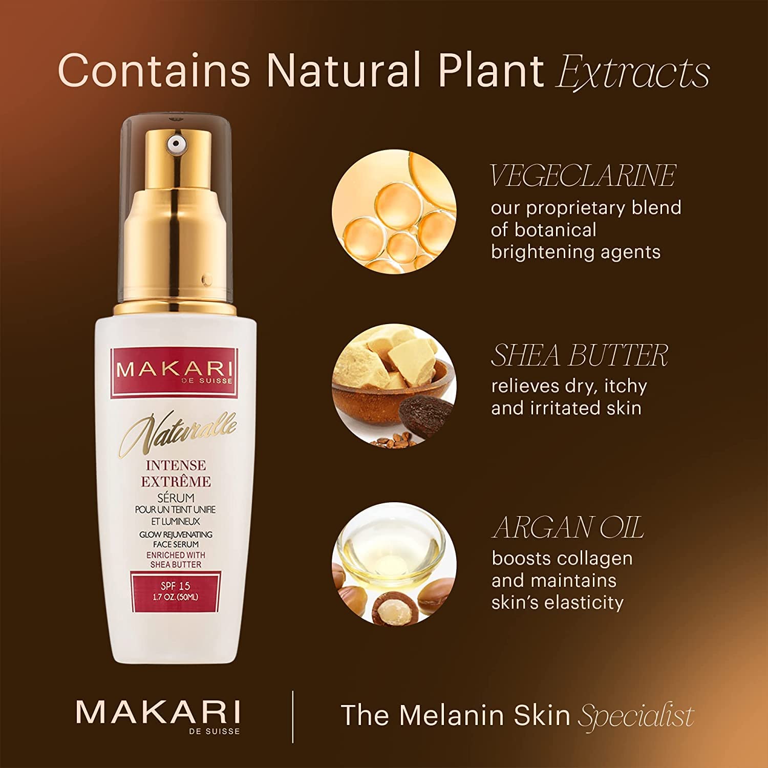 Makari Intense Extreme Toning Serum – étiquette informative facilitant l’identification des ingrédients.