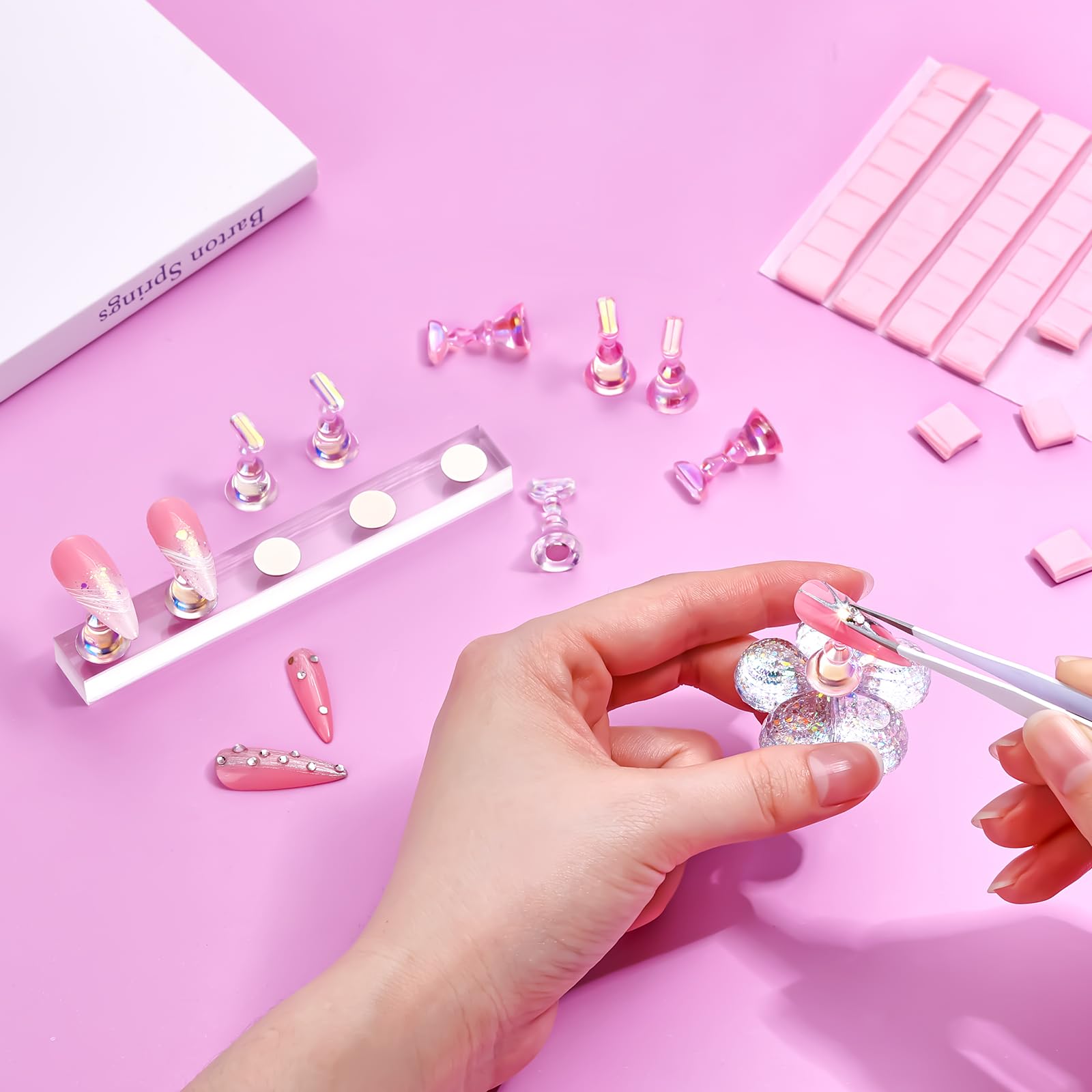 Makartt base rectangle paillettes rose – support élégant pour présentation des ongles