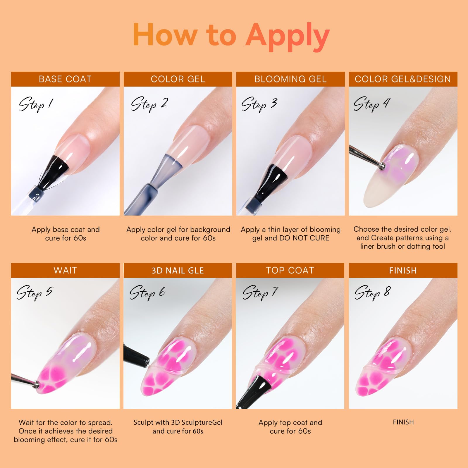 Vue des ongles avec Blooming Gel affichant une tenue longue.