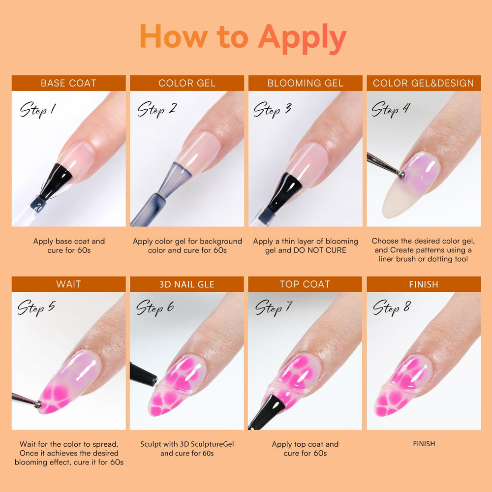 Vue des ongles avec Blooming Gel affichant une tenue longue.