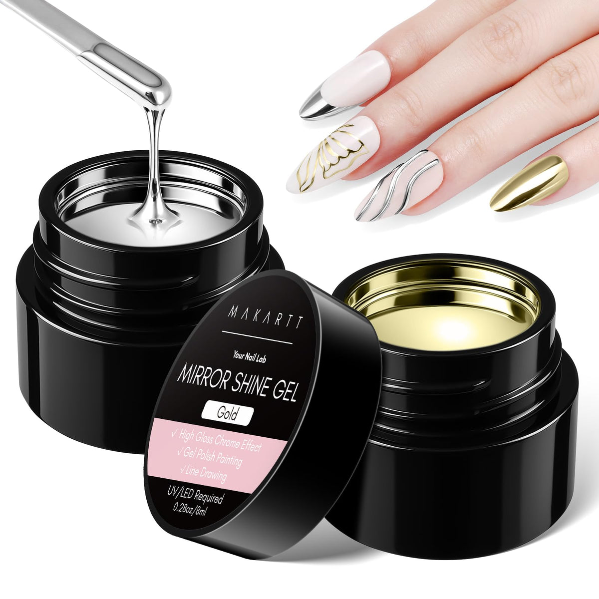 Makartt chrome gel argent brillant pour accents métalliques nets.