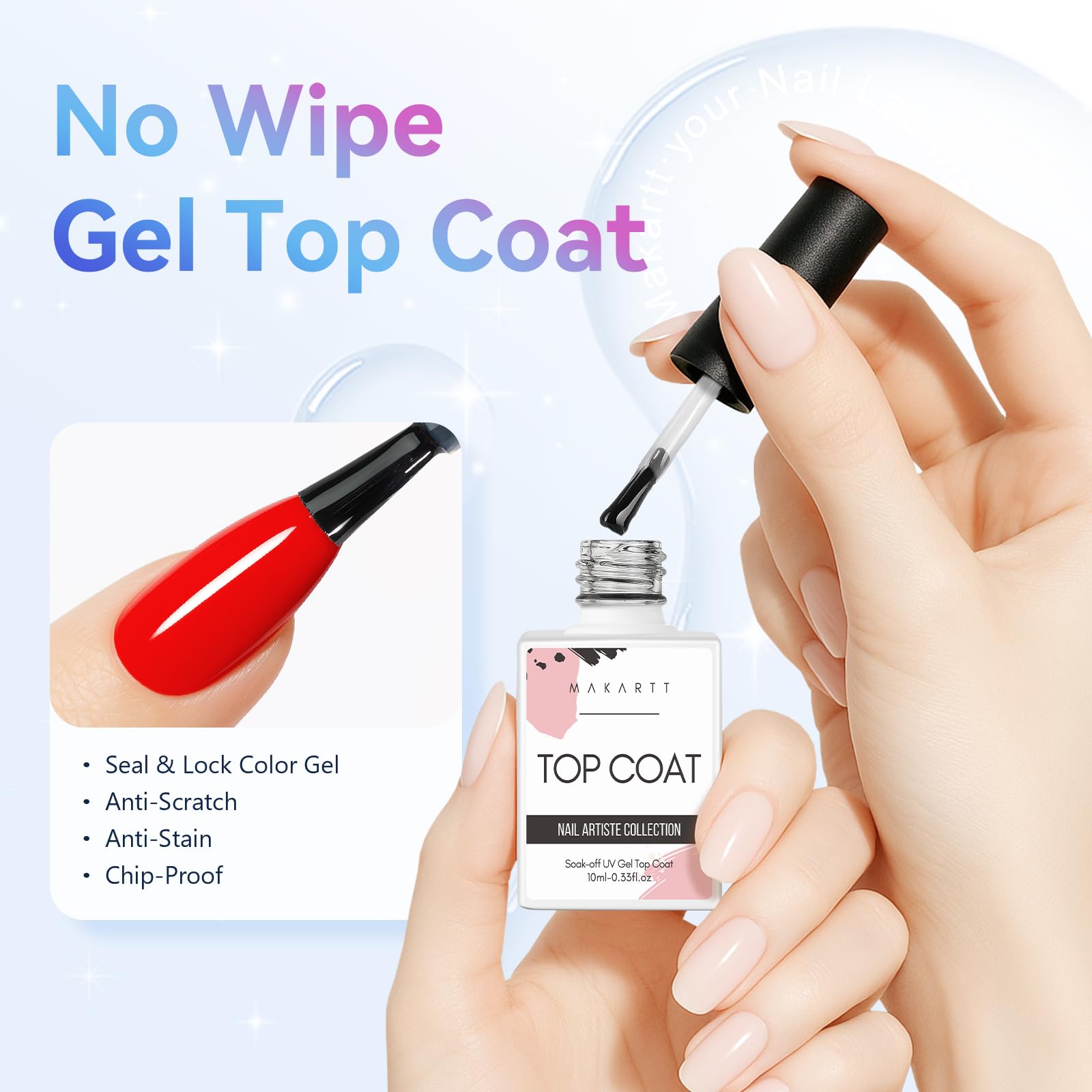 Makartt Gel Top Coat offre une brillance miroir longue durée sans résidu.