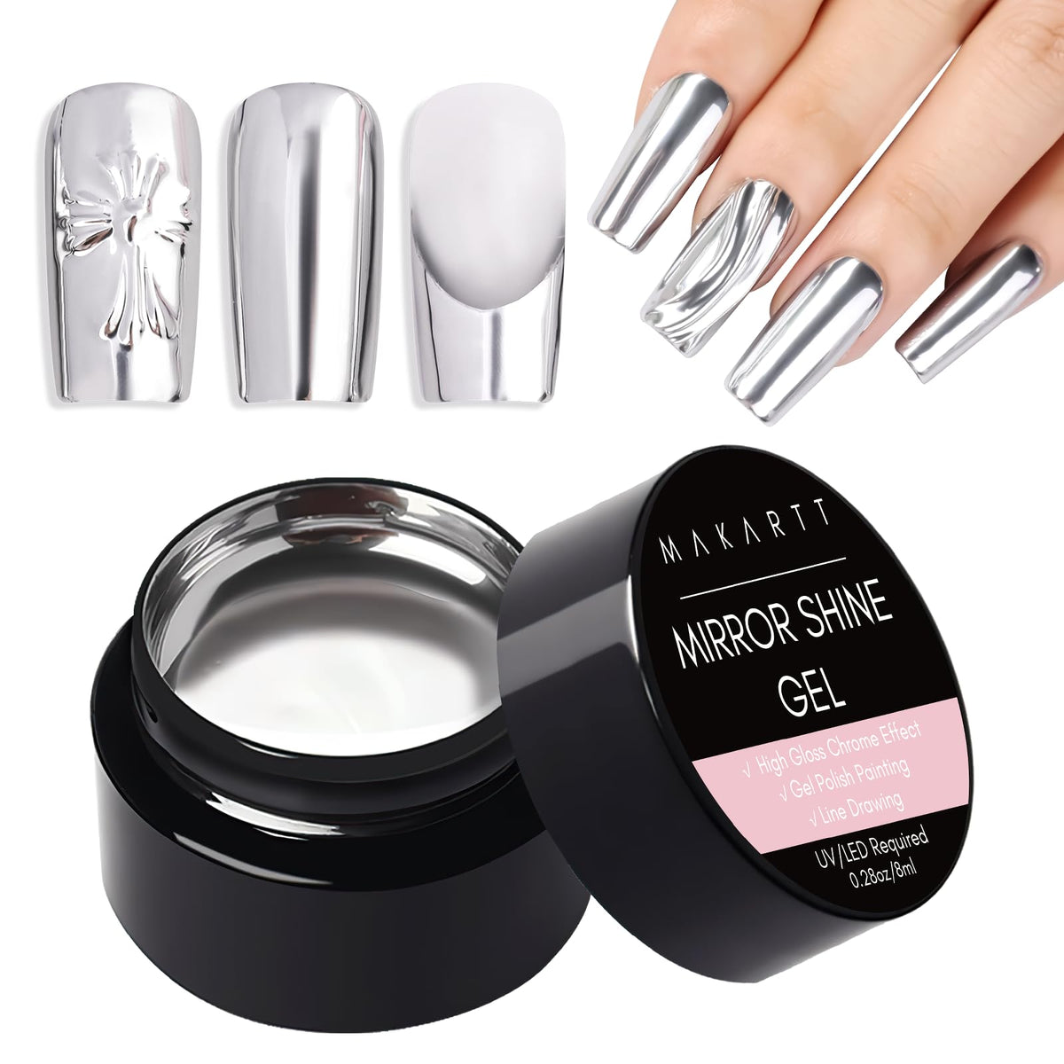Makartt Mirror Shine Gel – bouteille argentée prête pour un fini miroir spectaculaire.