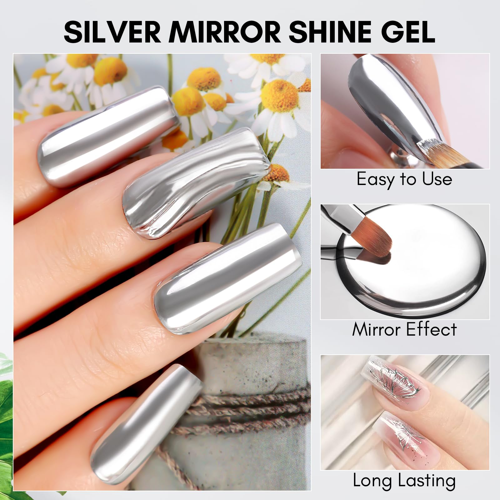 Effet miroir brillant sur ongles grâce au Gel Makartt Mirror Shine Gel.