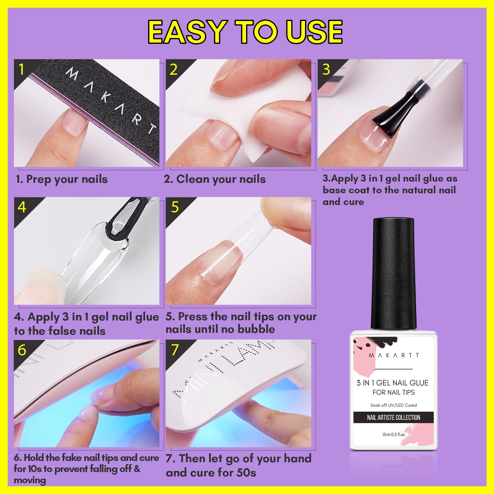 Makartt Gel Poly Ongles – facile à utiliser: déshydratant, apprêt, application et cuisson sous lampe.