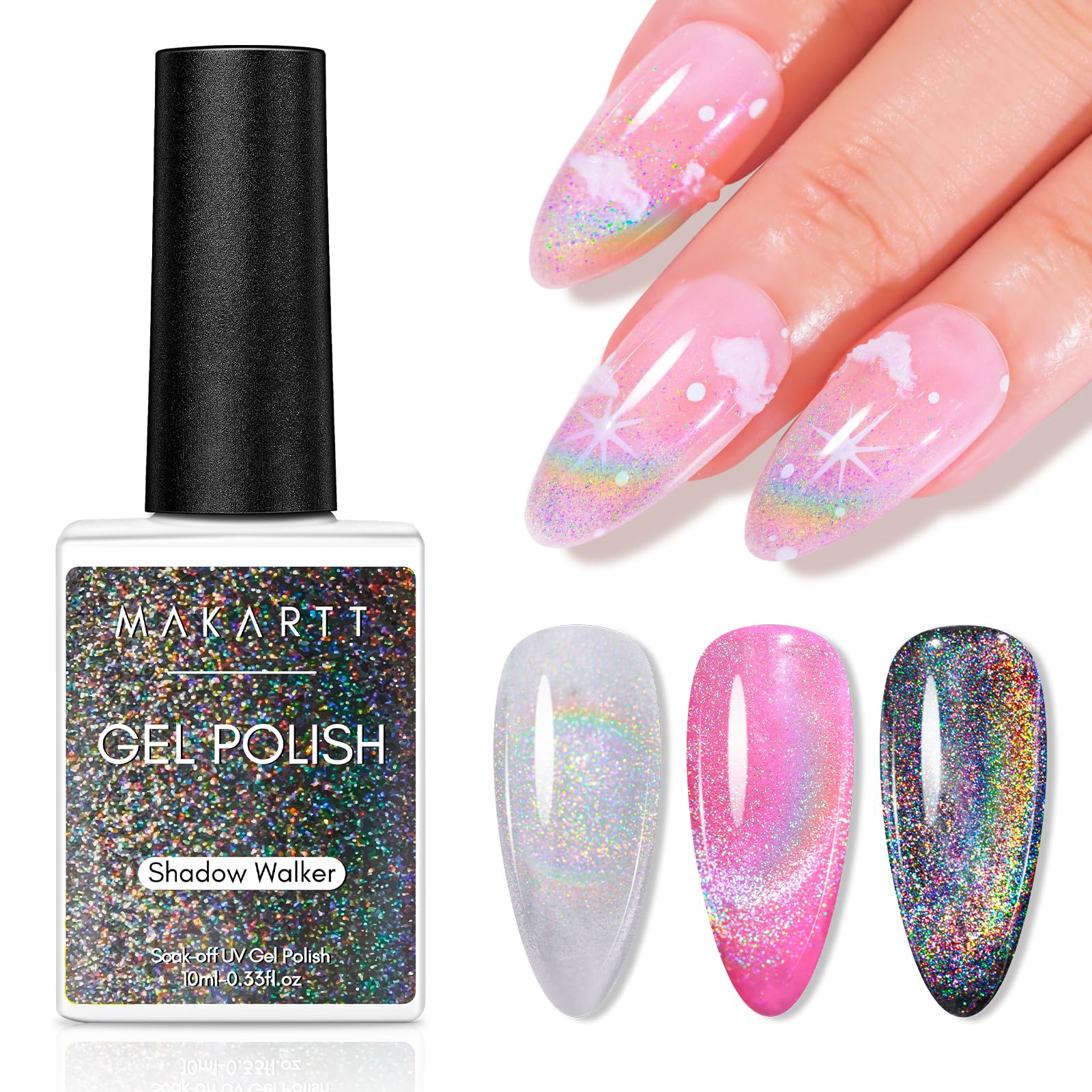 Makartt Gel Œil-de-chat Arc-en-Ciel 9D sur ongles, pour un effet lumineux.