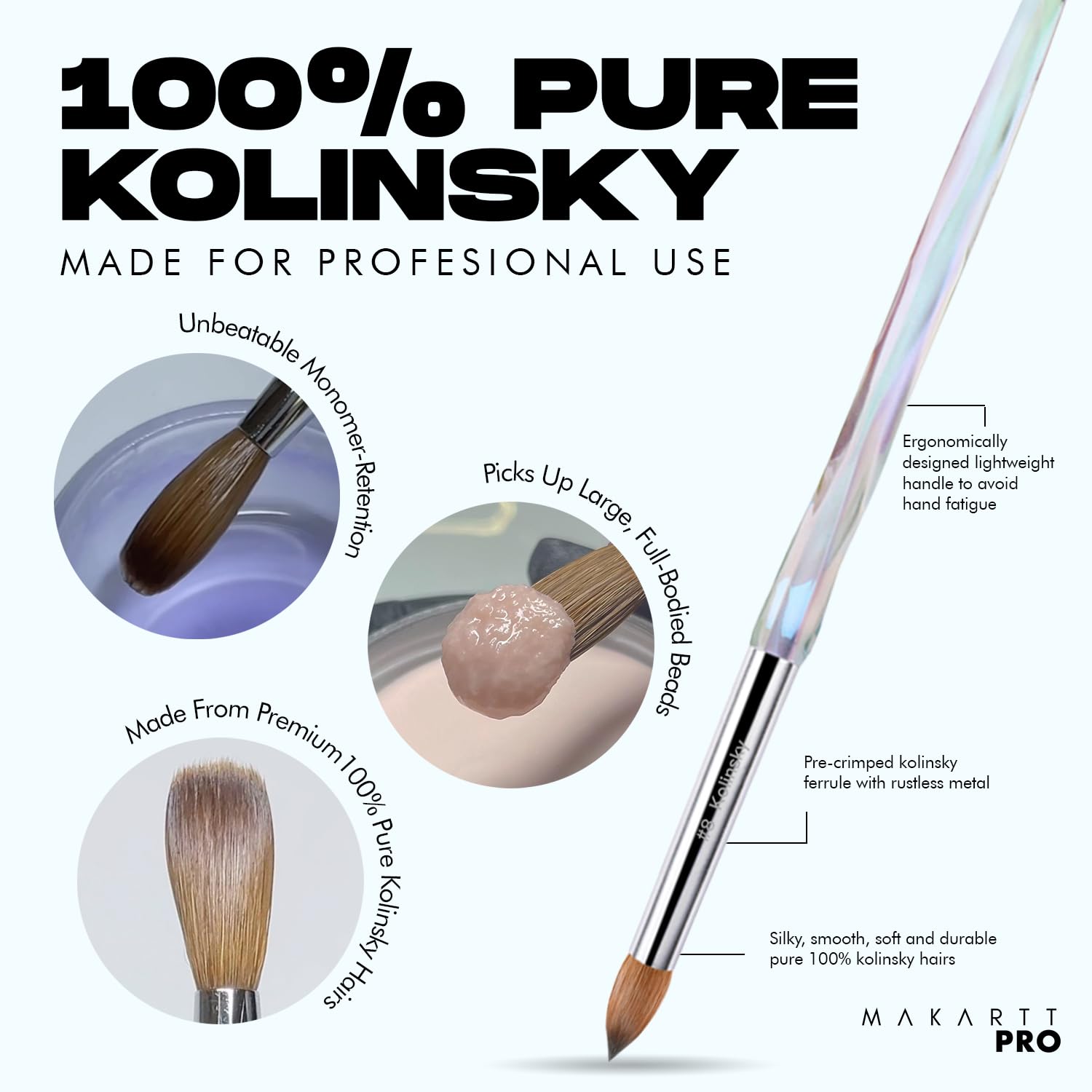 Gros plan sur le poil Kolinsky MakarttPro, garantissant une meilleure rétention du monomère.