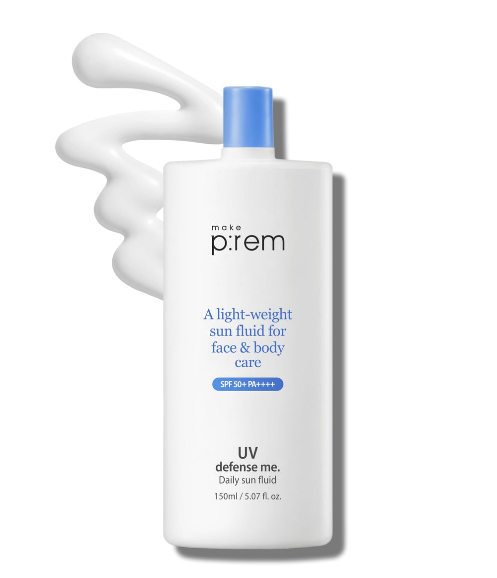 MAKEPREM Defense Me - bouteille solaire-fluide, hydratante avec protection UV élevée pour visage et corps.