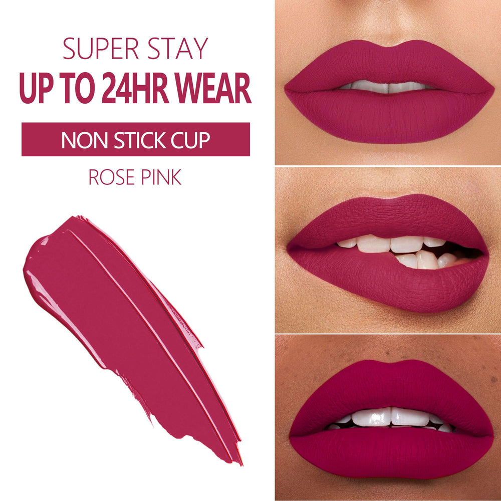 Texture matte légère de MAKI YIKA Rouge a lèvres Rose Rosé sur les lèvres, rendu net.