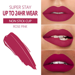 Texture matte légère de MAKI YIKA Rouge a lèvres Rose Rosé sur les lèvres, rendu net.