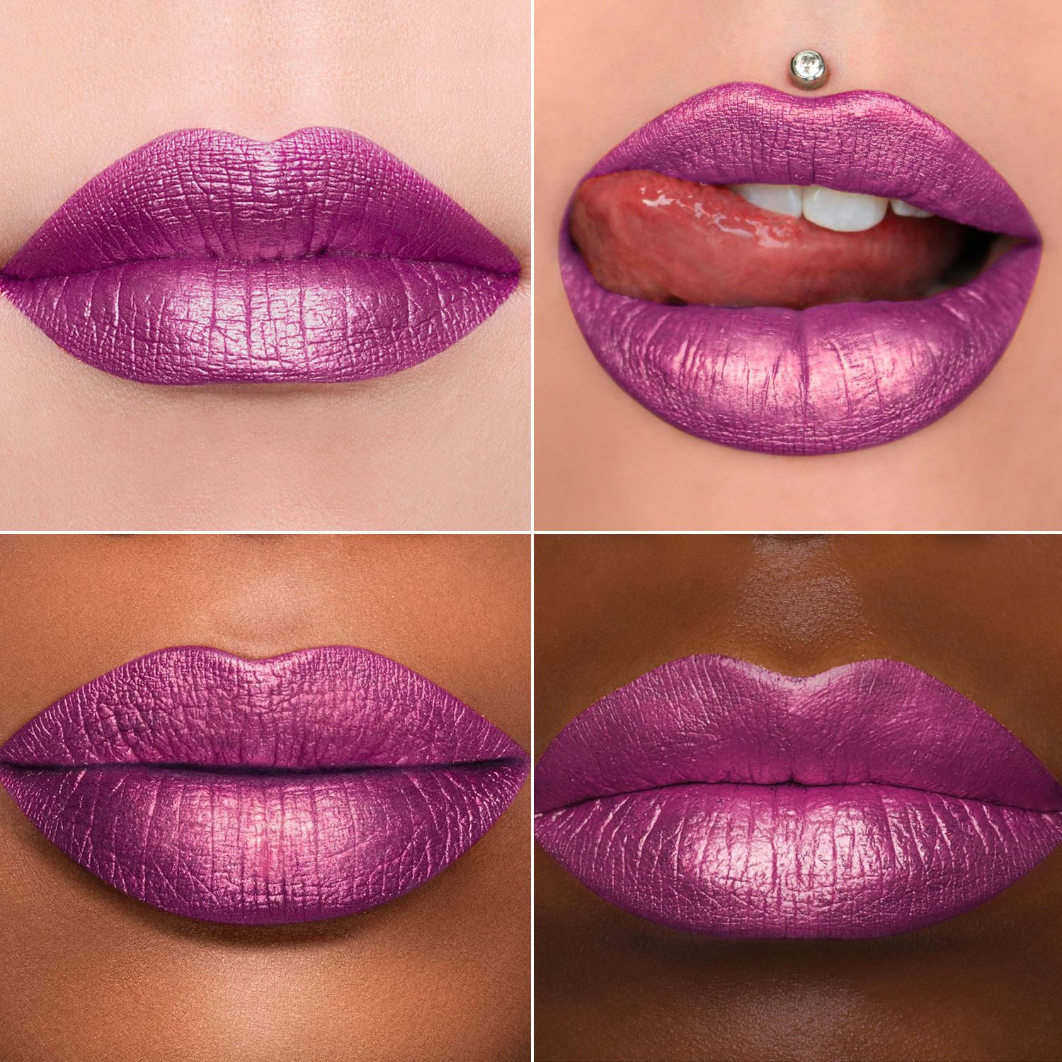 MAKI YIKA rouge liquide violet métallique sur les lèvres pour une couverture intense.