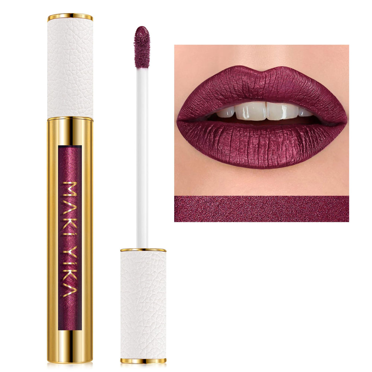 MAKI YIKA rouge metallique violet sur échantillon lèvres brillantes