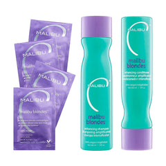 Malibu C Blondes Shampoing : bouteille montrant soin prolongeant la couleur blond et l'hydratation