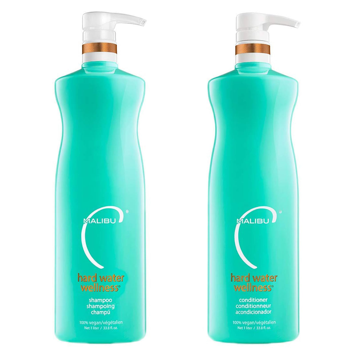 Shampoing Malibu C Hard Water en bouteille, hydratation revitalisante pour cheveux exposés aux minéraux.