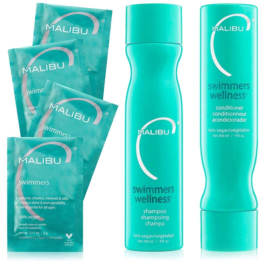 Shampoing Malibu C Swimmers en bouteille, élimine le chlore et redonne brillance