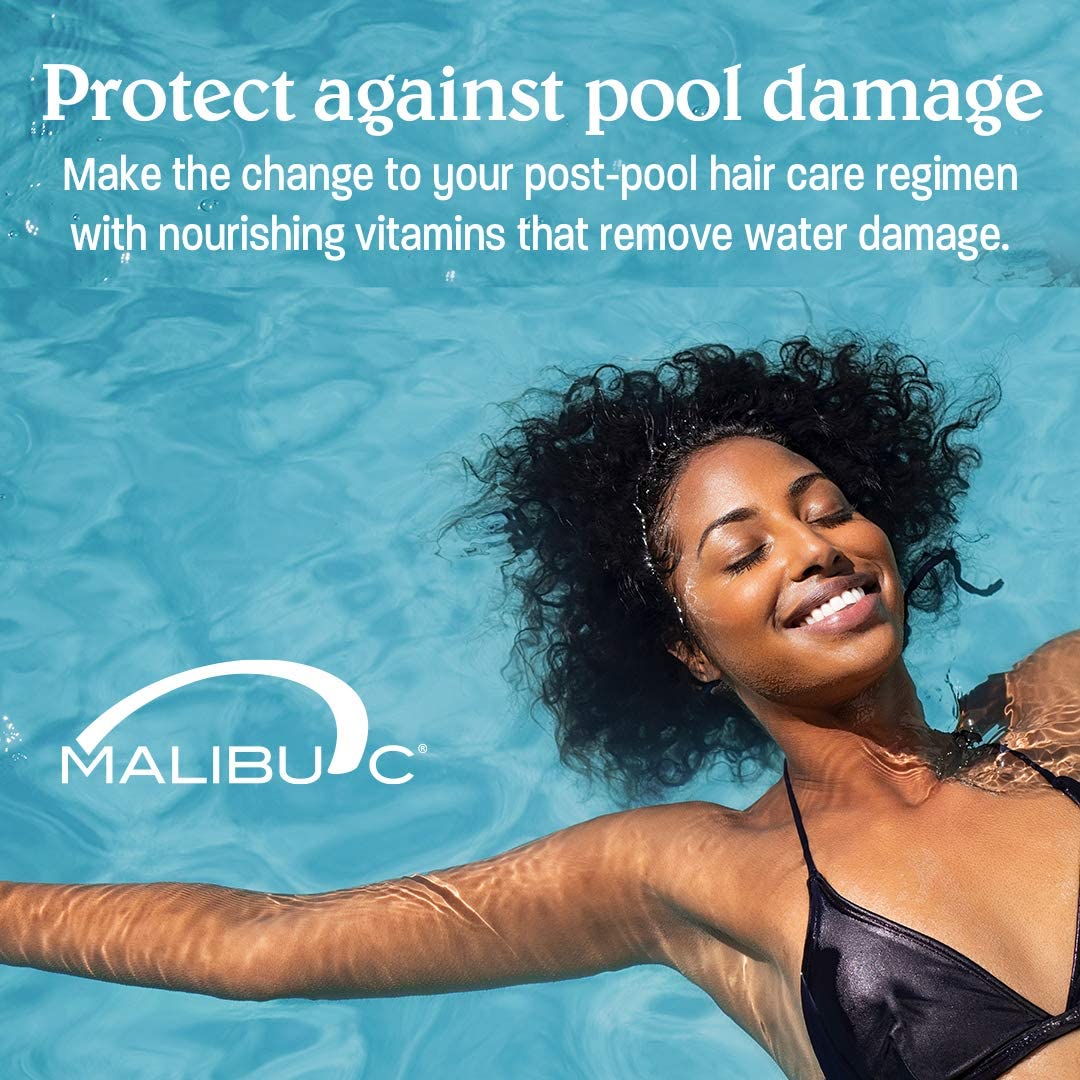 Avant-après cheveux avec Malibu C Swimmers Wellness montrant texture et éclat