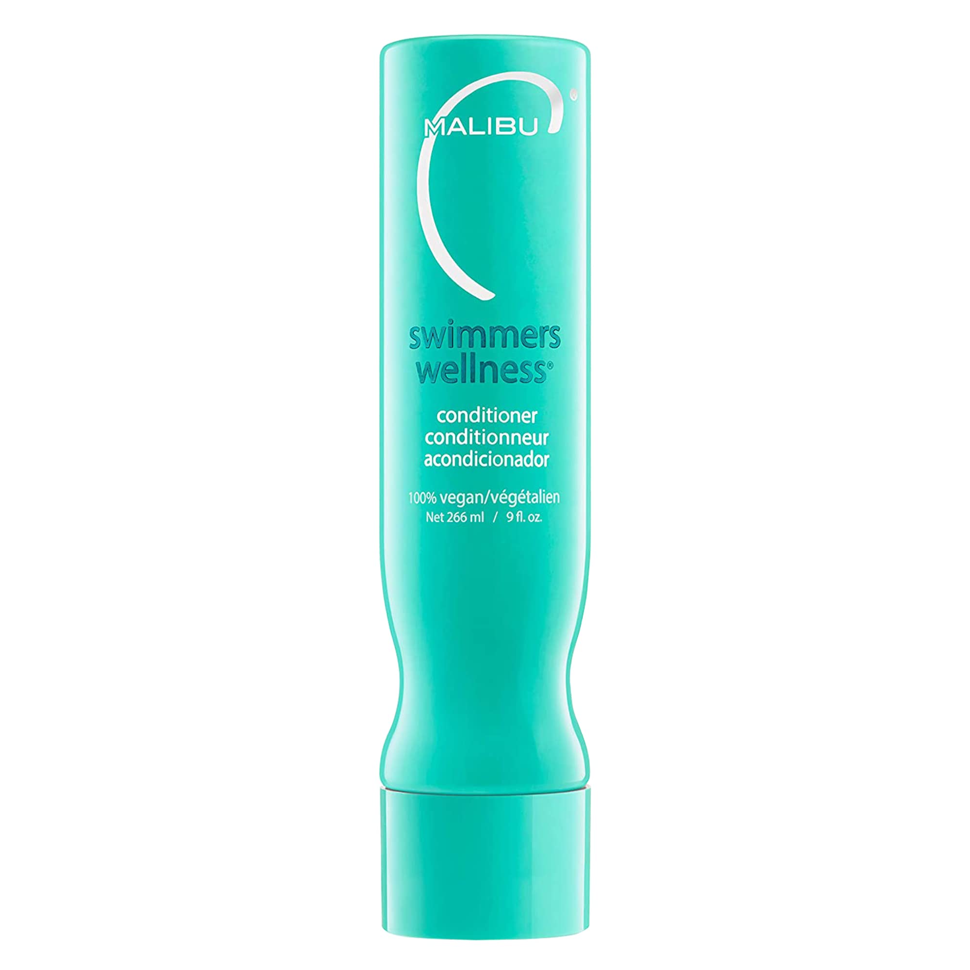 Malibu C Swimmers Wellness Conditioner – Bouteille visible, hydratation après natation et soin des longueurs.