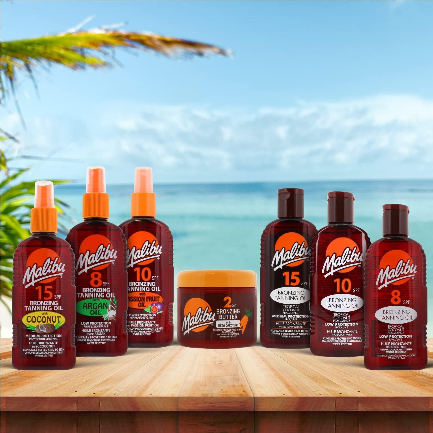 Malibu huile bronzante — fabriqué au Royaume-Uni sans cruauté.