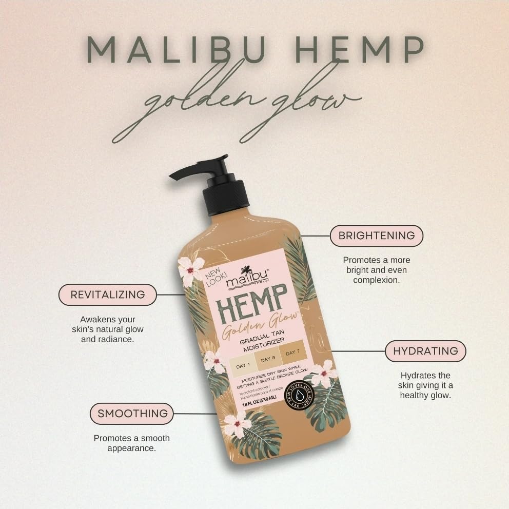 Application Malibu Tan Hemp Golden Glow sur peau hydrate9e et lumineuse.
