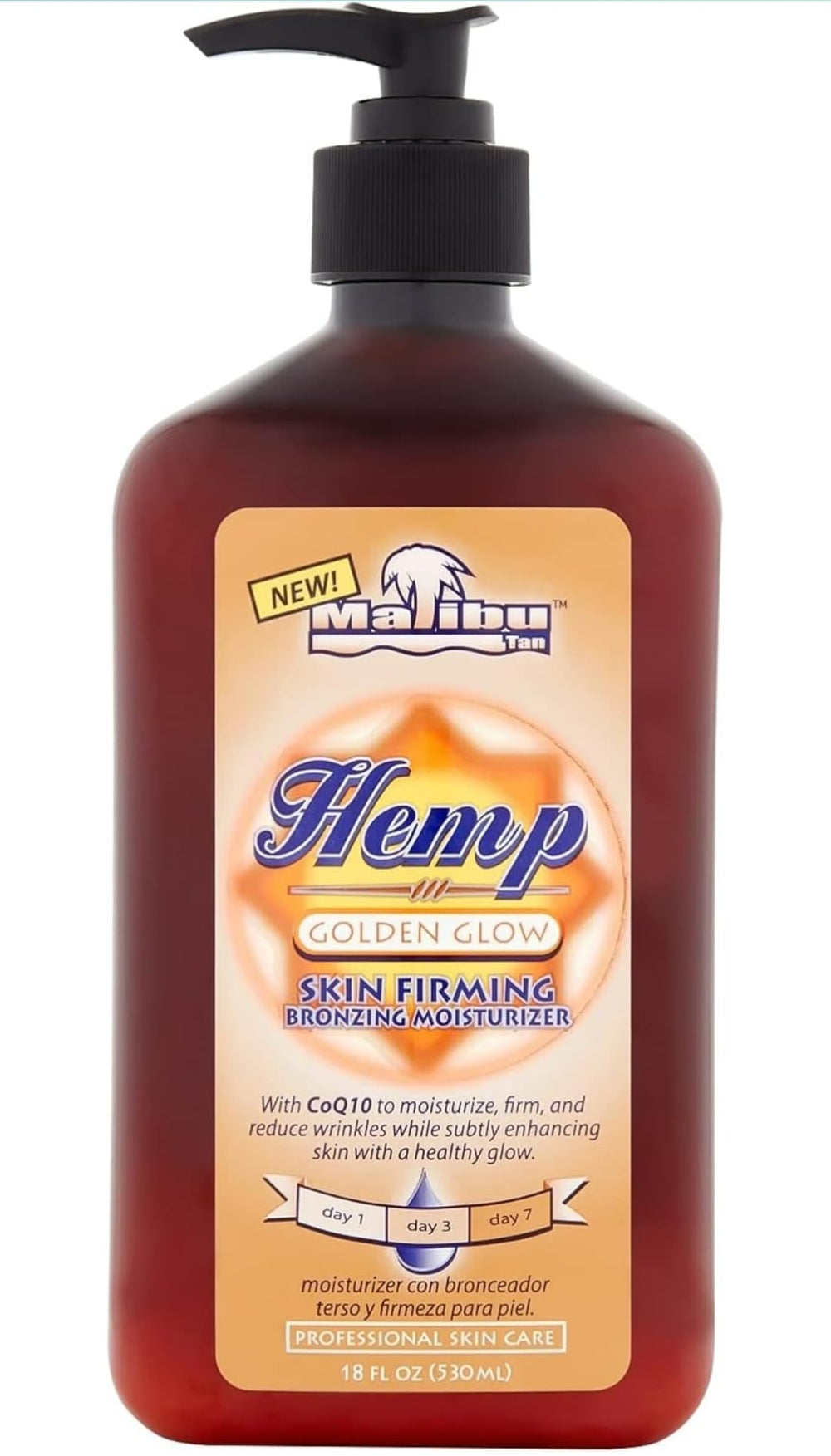 Malibu Tan Hemp Golden Glow Lotion - emballage raffiné prêt pour utilisation.