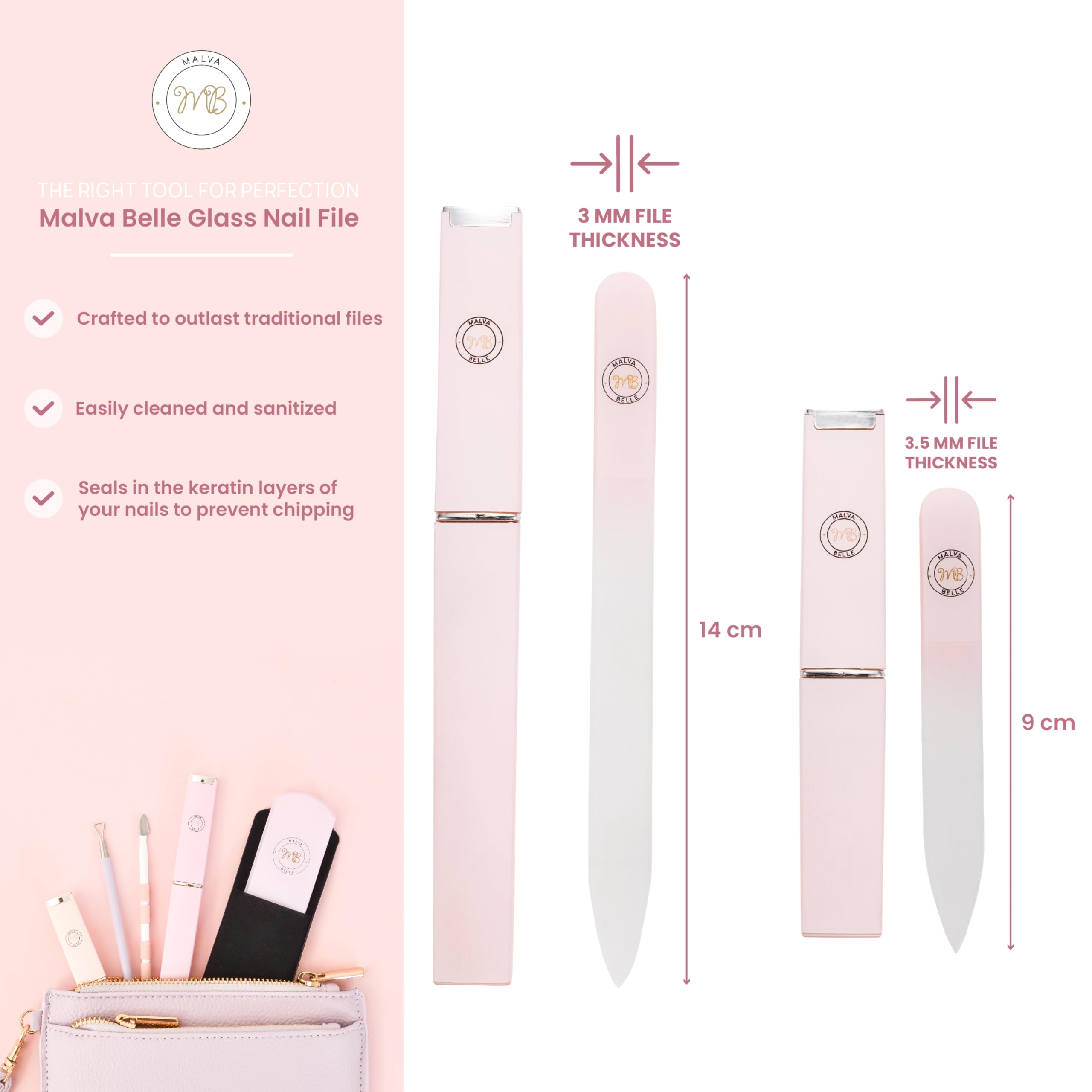 Surface double-face en verre cristal Malva Belle pour des ongles lisses.