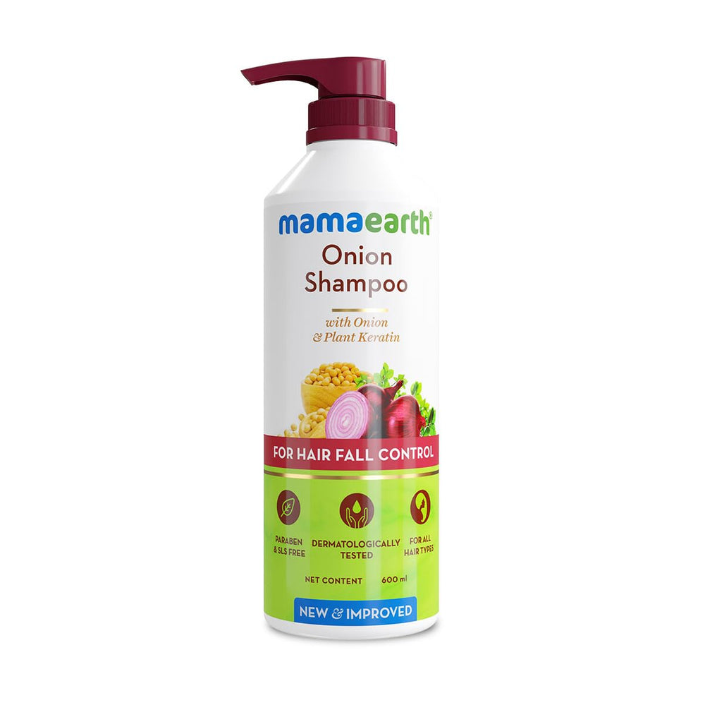 Shampooing MAMAEARTH à l'oignon, bouteille pompe, application pratique pour nettoyer en douceur