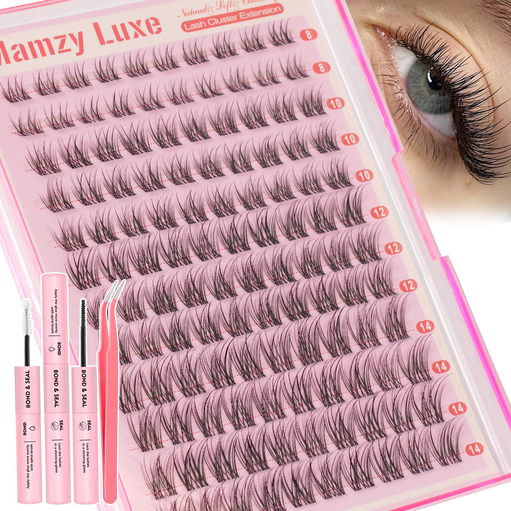 Mamzy Luxe clusters cils 8-14 mm sur bande transparente, rendu naturel.