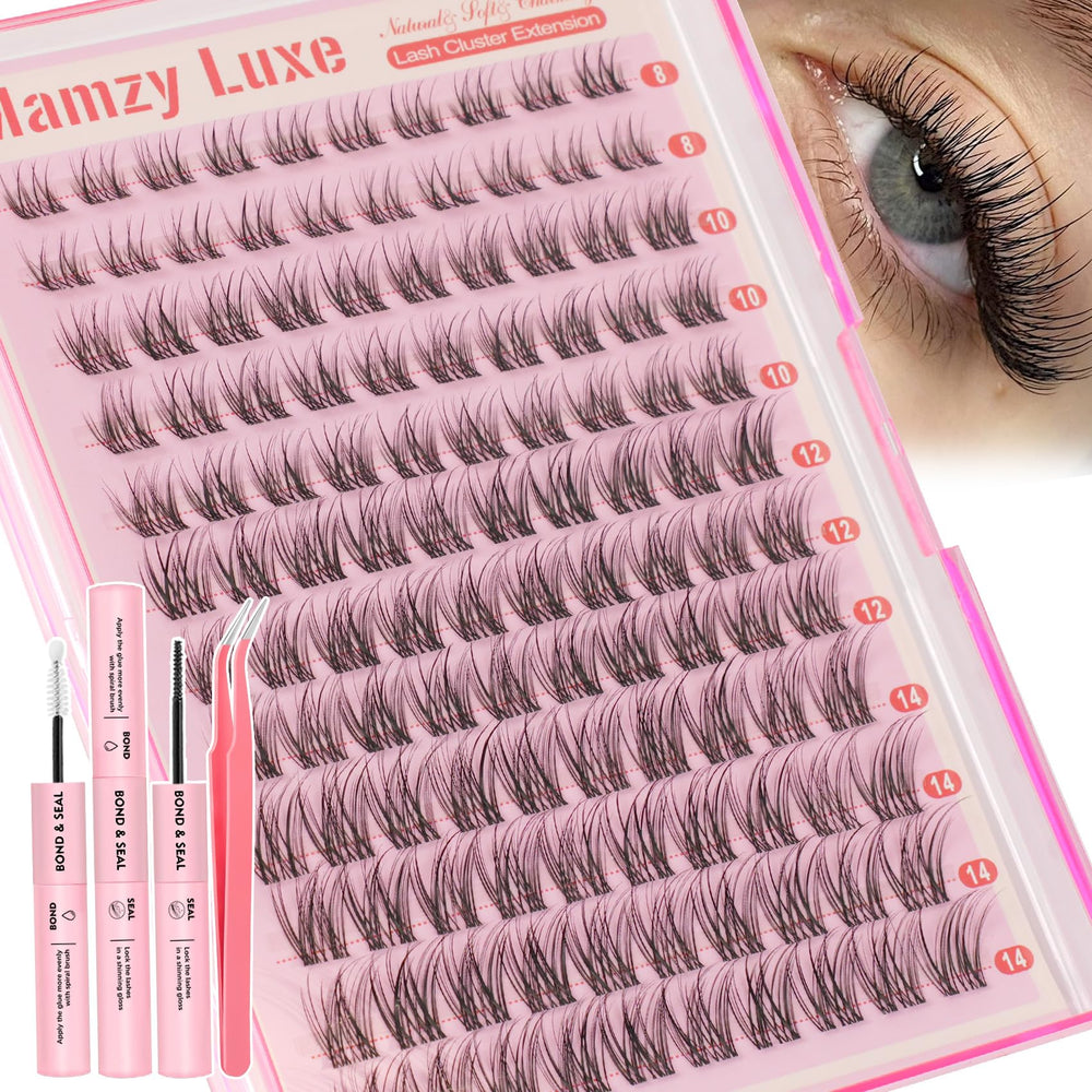 Mamzy Luxe clusters cils 8-14 mm sur bande transparente, rendu naturel.
