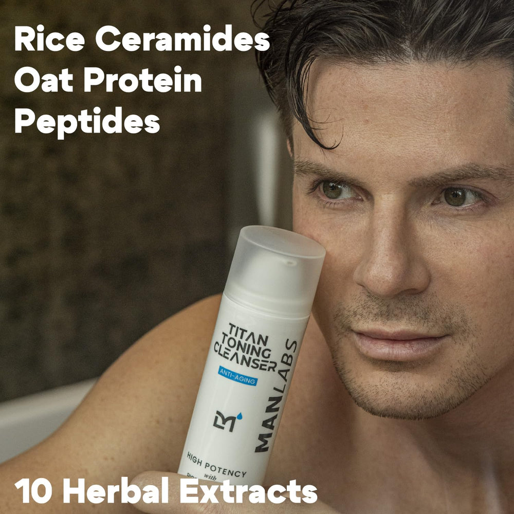 Man Labs Titan céramides de riz et protéines d’avoine apportent hydratation.