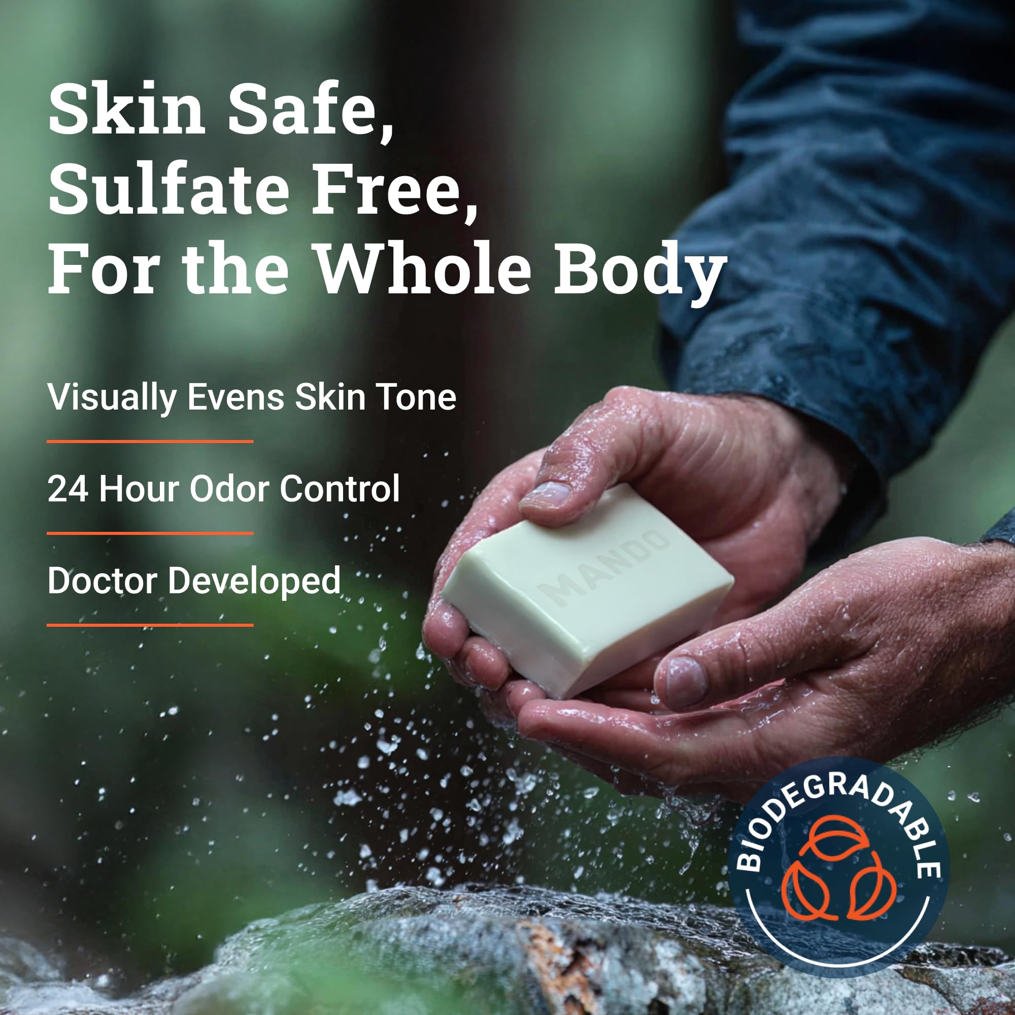 Mando Acidified Cleansing Bar provides 24-hour odor control after shower.