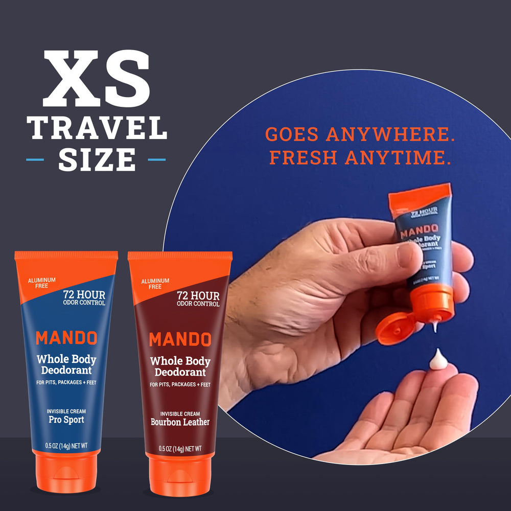 Mando déodorant homme, tube XS invisible, parfum Bourbon Leather pour une touche masculine.