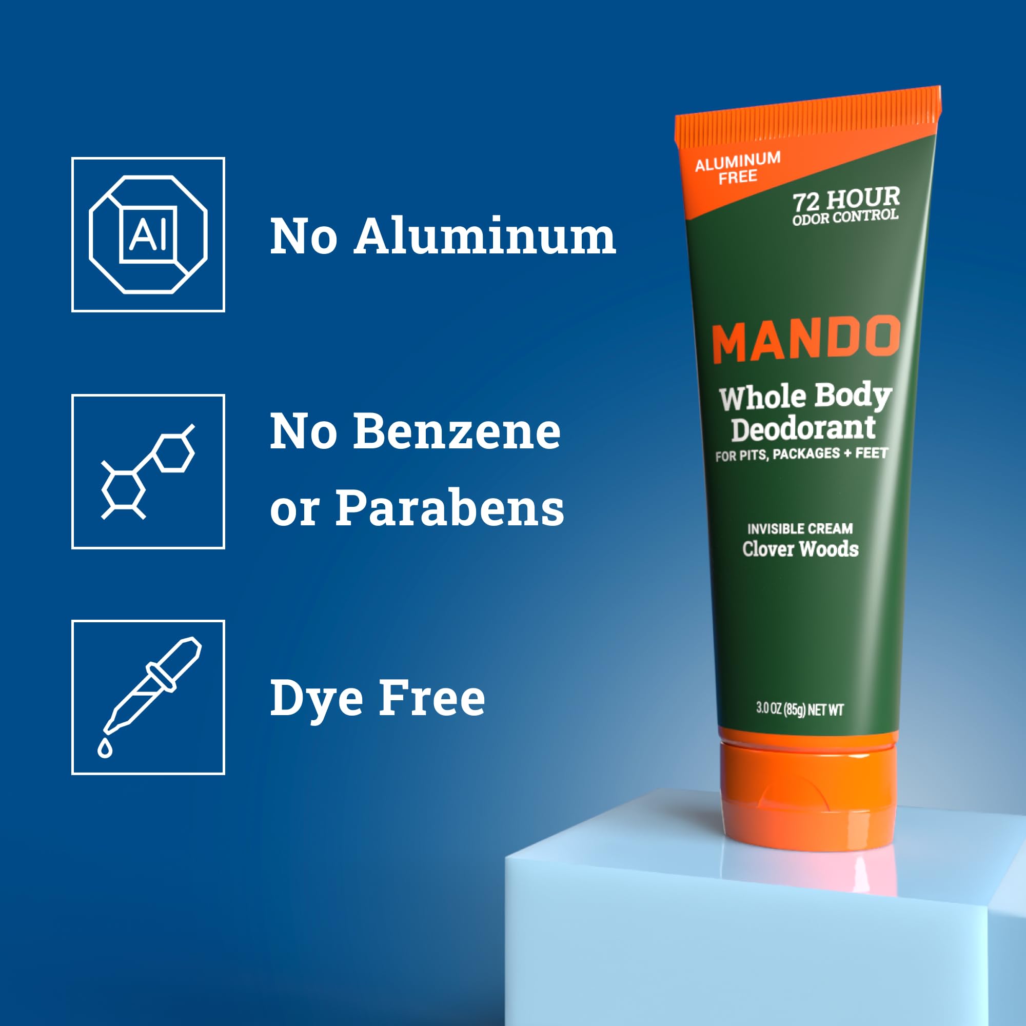 Mando formule sans aluminium et bicarbonate, crème invisible adaptée à la peau.
