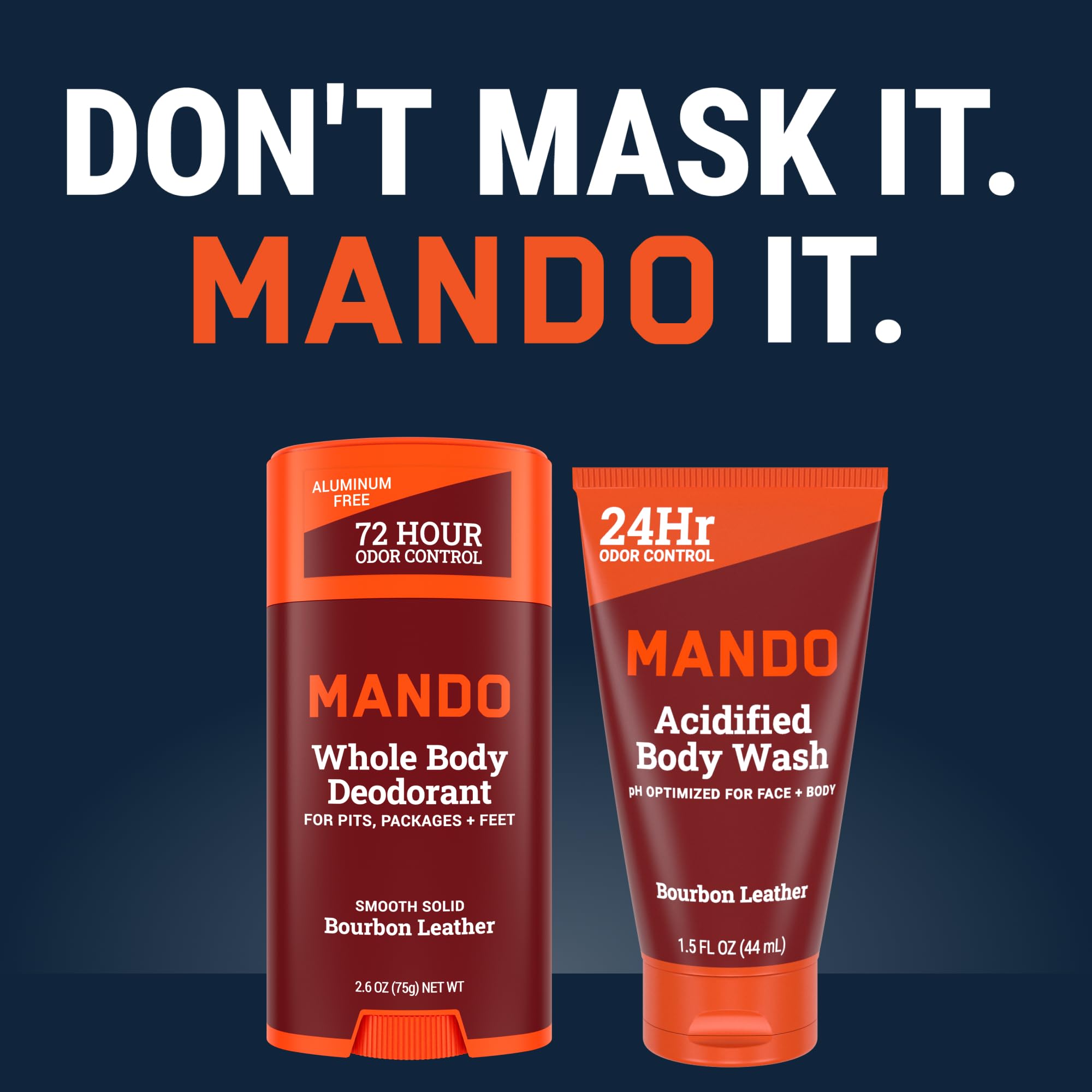 Mando Odor-control benefits visual emphasizing pits, package, and feet areas.