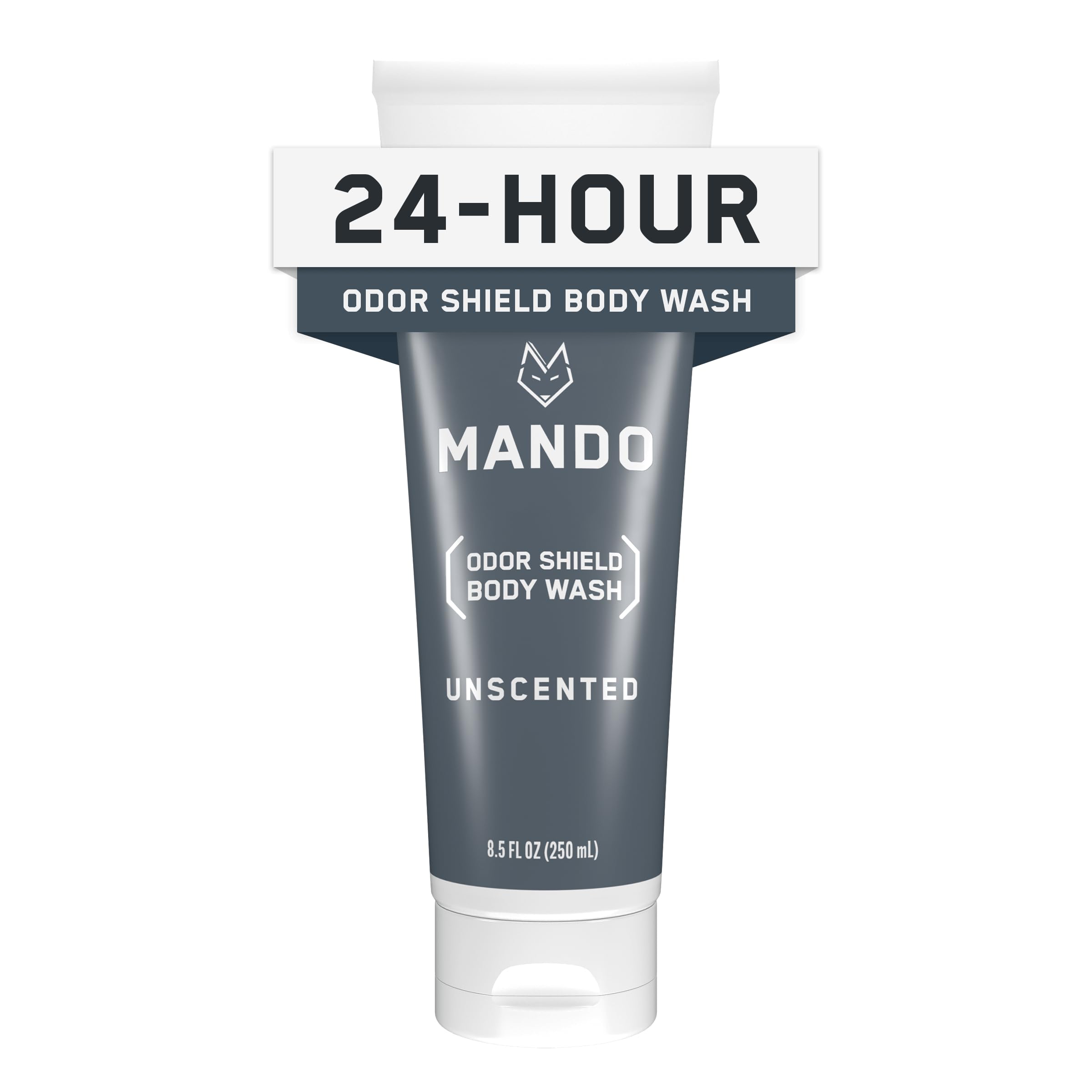 Mando Odor Shield Body Wash bottle, unscented for long-lasting odor control.