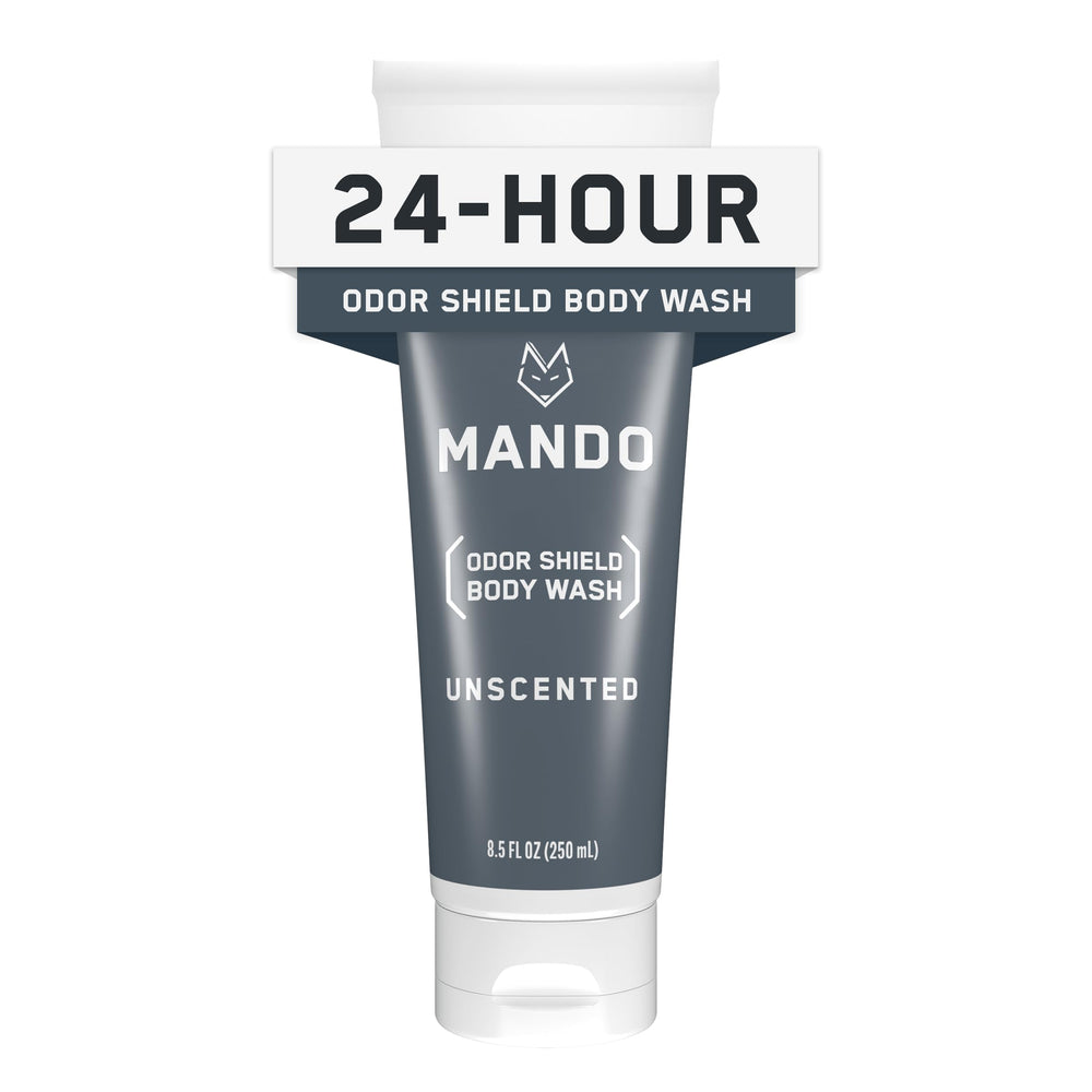 Mando Odor Shield Body Wash bottle, unscented for long-lasting odor control.